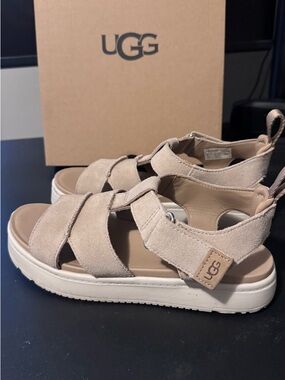 UGG Suede Platform Strappy Sandals in sand color.